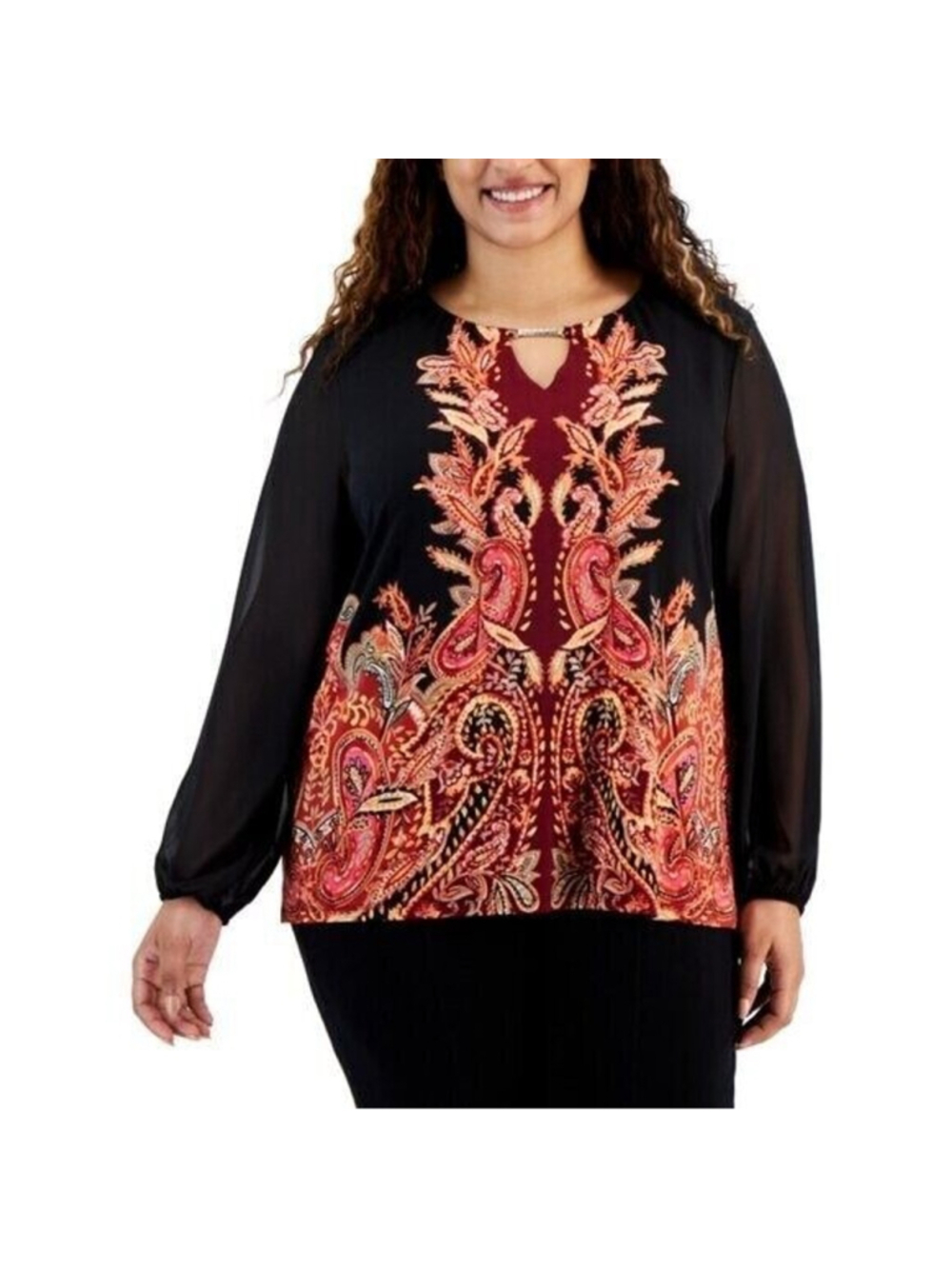 JM Collection Plus Size Printed Chiffon-Sleeve Embellished-Neck Top NWT